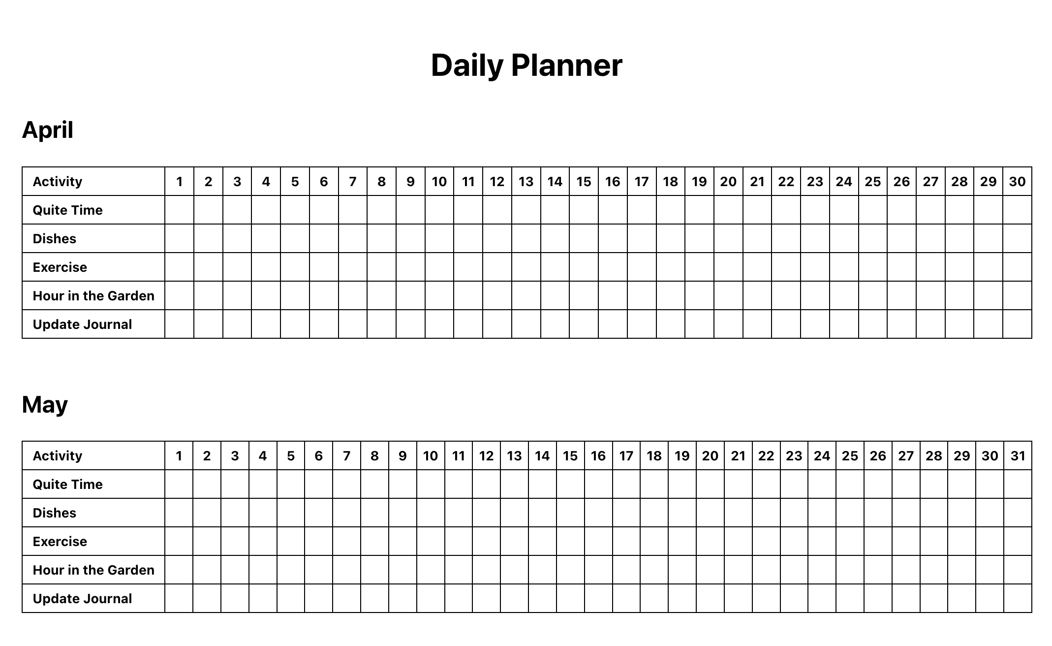 Daily planner layout screenshot