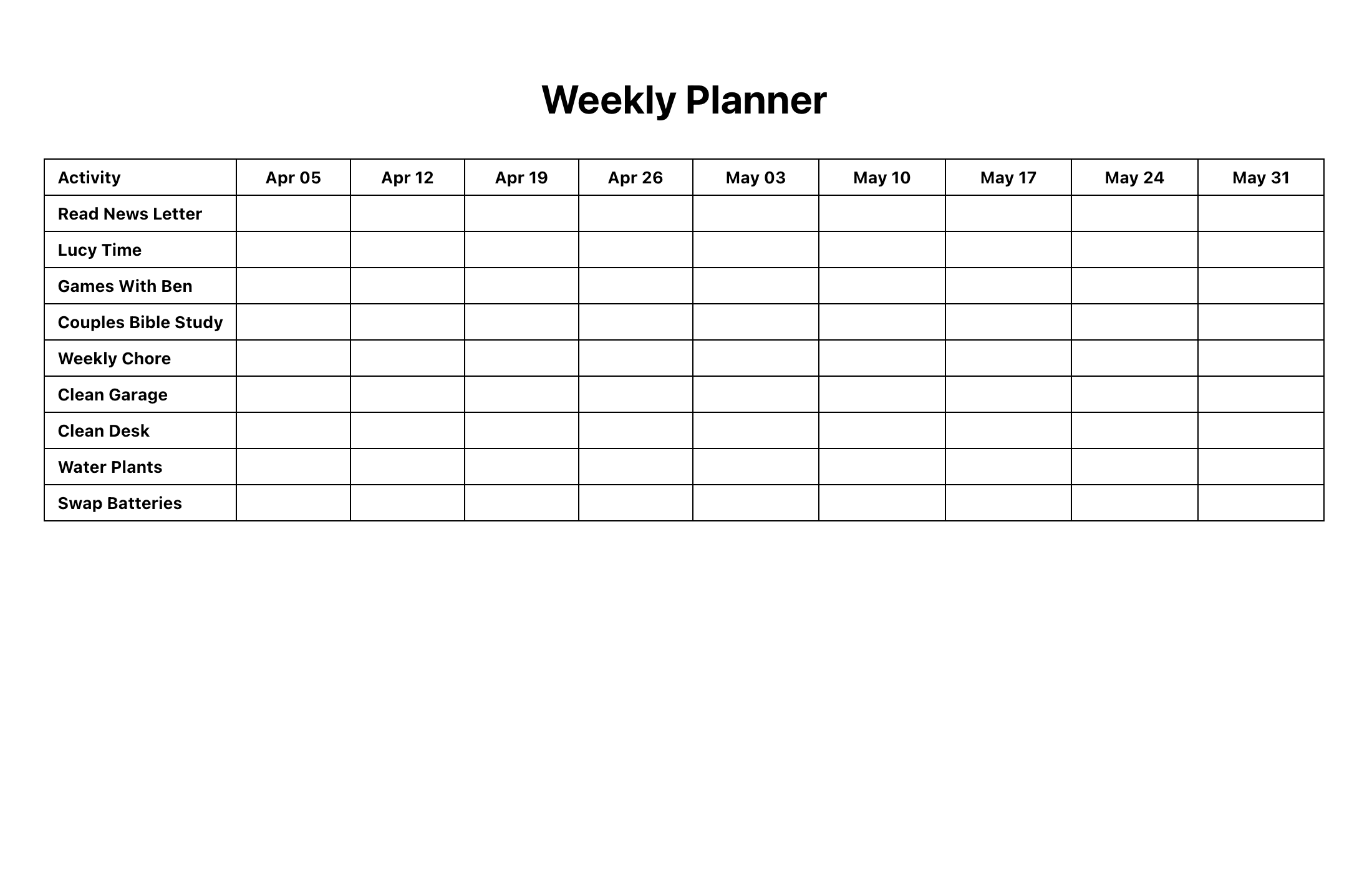 Weekly planner layout screenshot